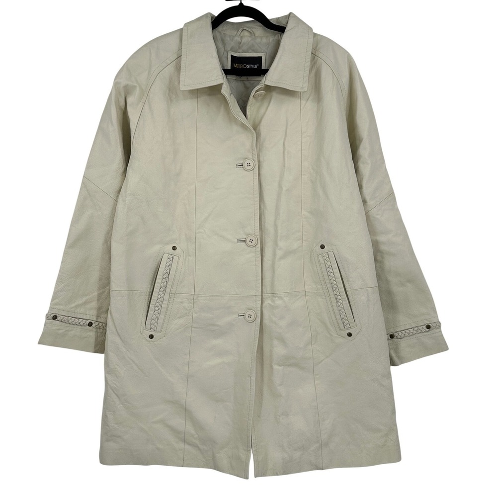 Metrostyle Cream Leather Trench Coat Braided Trim Button Front Mid Length Jacket